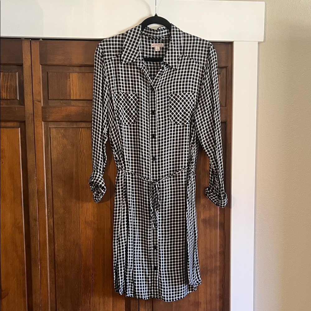 Merona Black & White Checked Long-Sleeve Shirt Dress